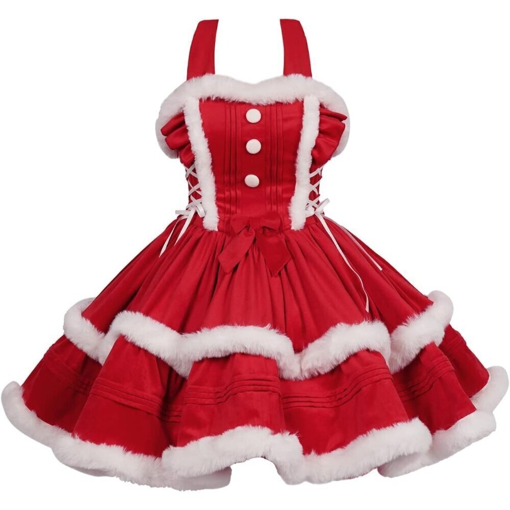🆕Womens Red Christmas Santa Outfit Cute Lolita Holiday Party Dress